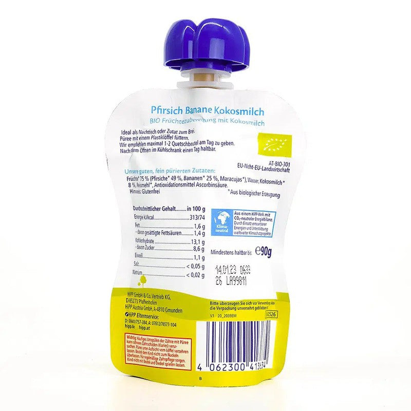 HiPP Fruit Pouches - Peach & Banana With Coconut Milk (6+ Months) - 4 Pouches