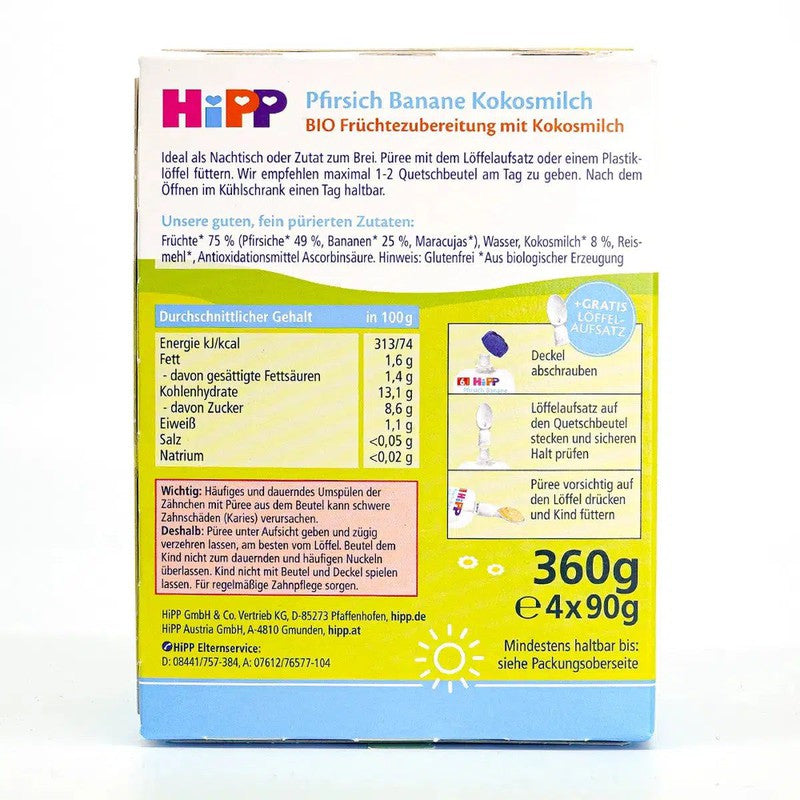 HiPP Fruit Pouches - Peach & Banana With Coconut Milk (6+ Months) - 4 Pouches