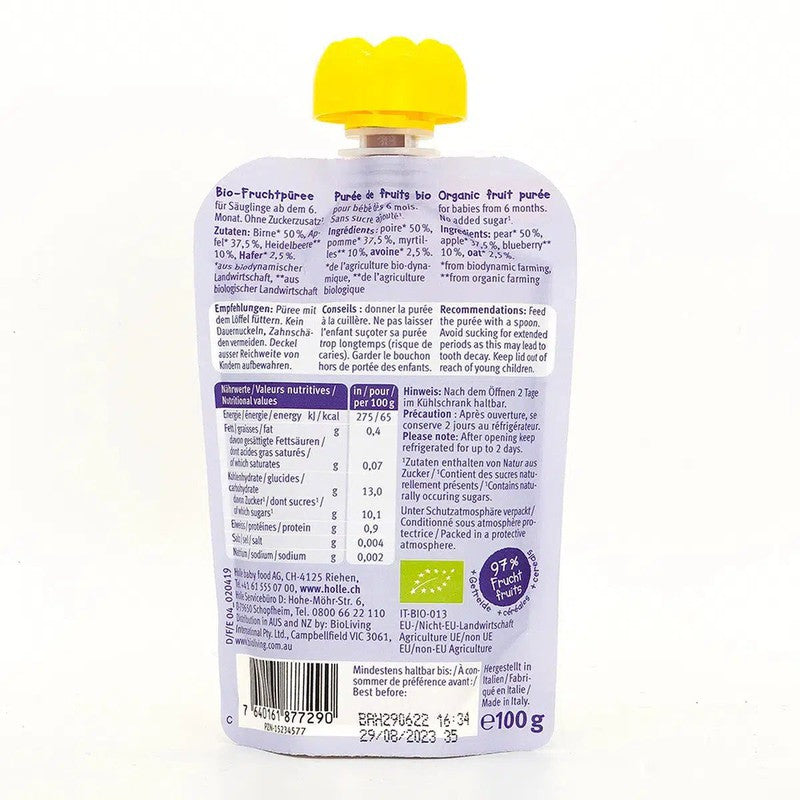 Holle Blue Bird: Pear, Apple & Blueberries with Oats (6+ Months) - 12 Pouches