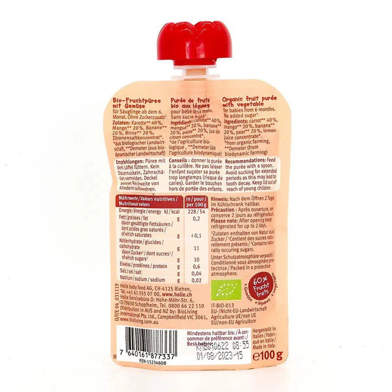 Holle Carrot Cat: Carrot, Mango, Banana & Pear (6+ Months) - 12 Pouches