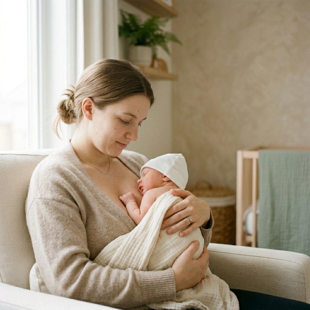 Newborn baby held gently, the European way of care.