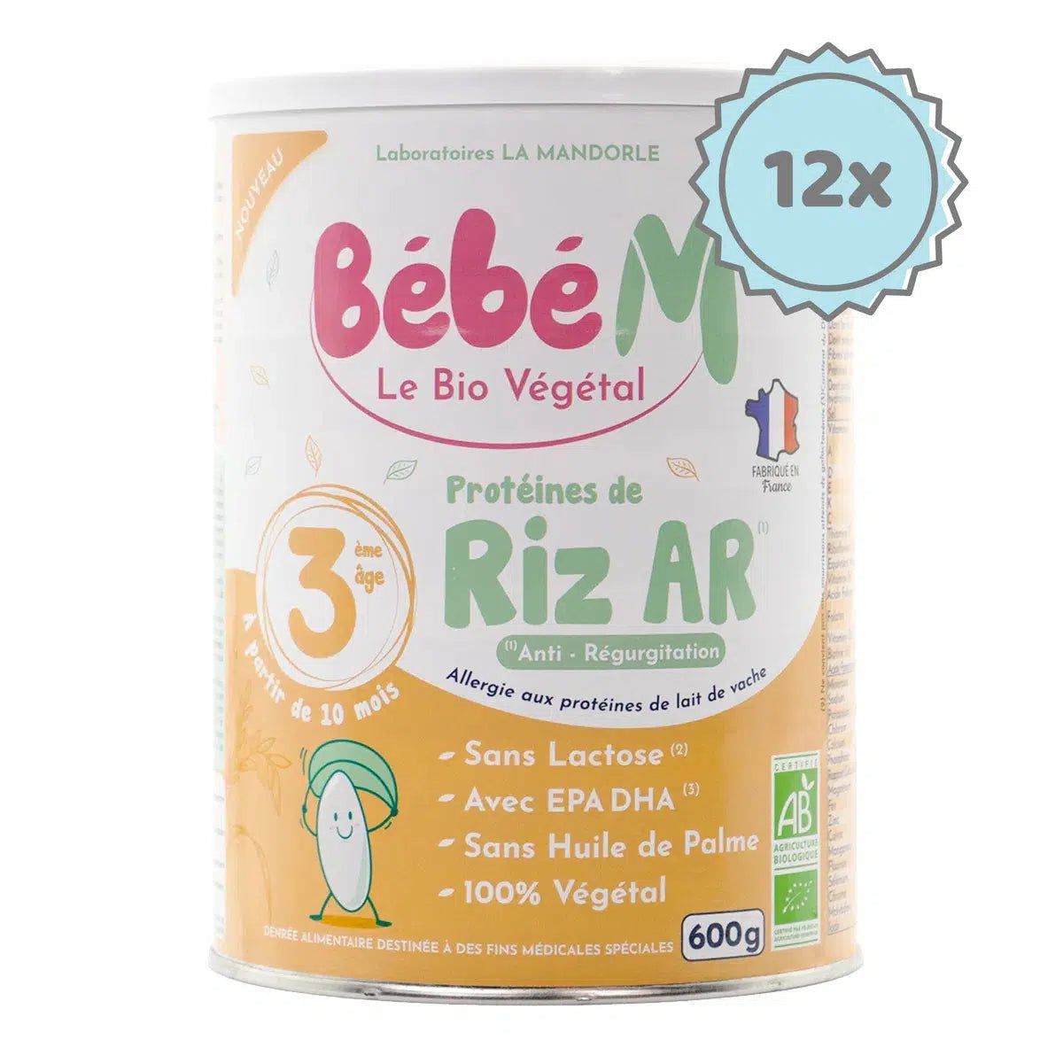 Bebe M (Bebe Mandorle) Organic Anti-Reflux Rice-Based Formula - Stage 3 (10+ months) | Organic Baby Formula | 6 cans