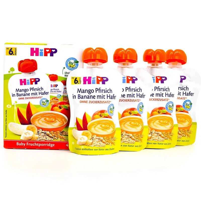HiPP Fruit Pouches - Mango, Peach, Banana with Oats & Porridge (6+ Months) - 4 Pouches