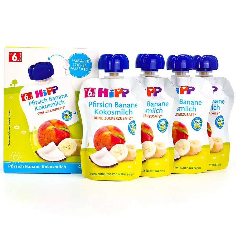 HiPP Fruit Pouches - Peach & Banana With Coconut Milk (6+ Months) - 4 Pouches