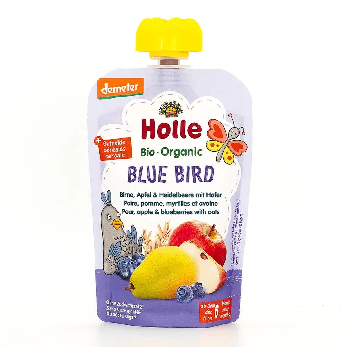 Holle Blue Bird: Pear, Apple & Blueberries with Oats (6+ Months) - 12 Pouches