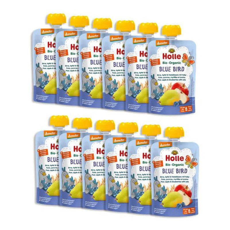 Holle Blue Bird: Pear, Apple & Blueberries with Oats (6+ Months) - 12 Pouches