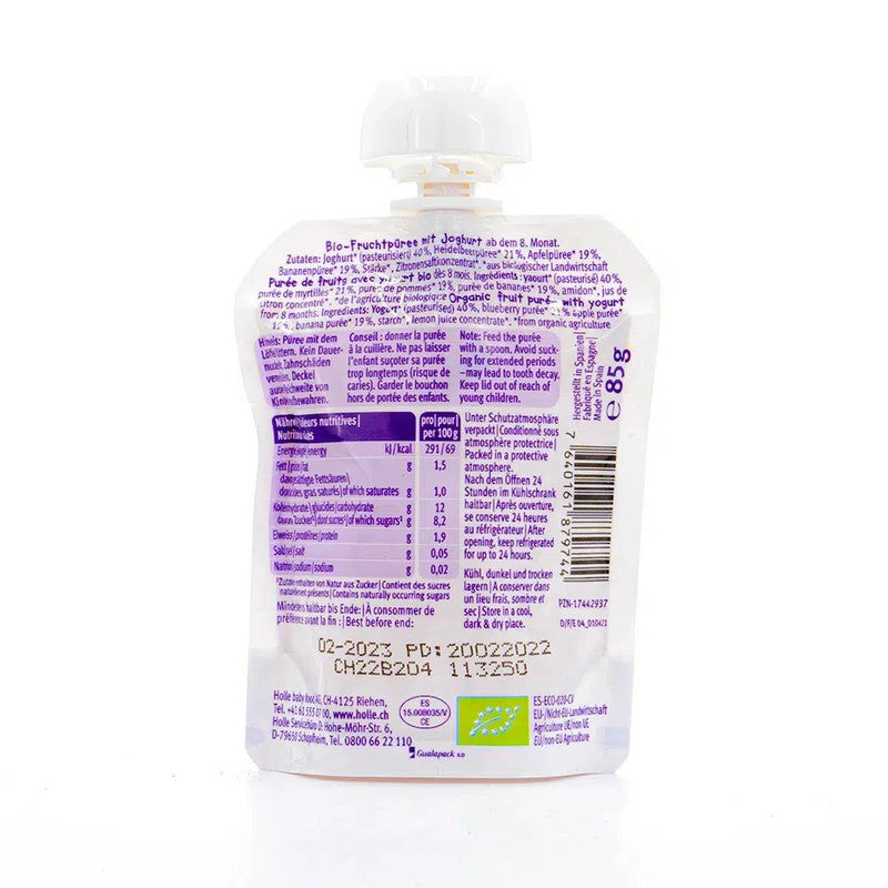 Holle Blueberry Bear: Blueberry, Apple, Banana & Yogurt (8+ Months) - 12 Pouches