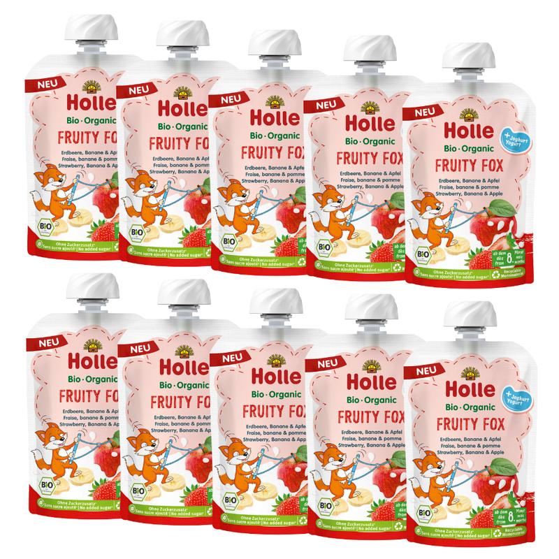 Holle Fruity Fox: Apple, Banana, Strawberry & Yogurt (8+ Months) - 10 Pouches