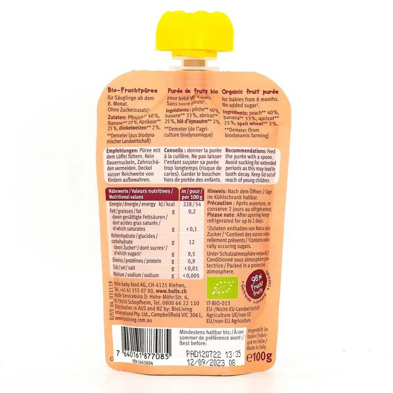 Holle Panda Peach: Peach, Apricot, Banana & Spelt (8+ Months) - 12 Pouches