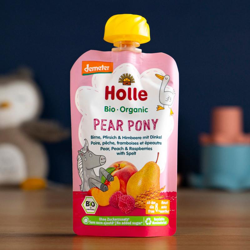Holle Pear Pony: Pear, Peach, Raspberries & Spelt (8+ Months) - 10 Pouches