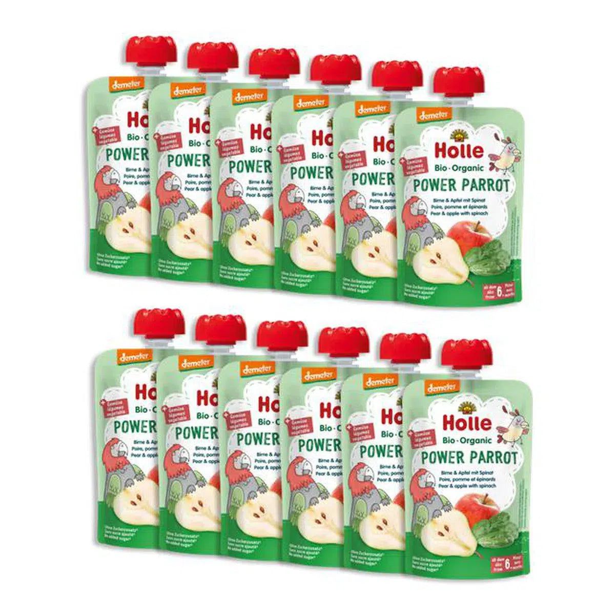 Holle Power Parrot: Pear, Apple & Spinach (6+ Months) - 12 Pouches